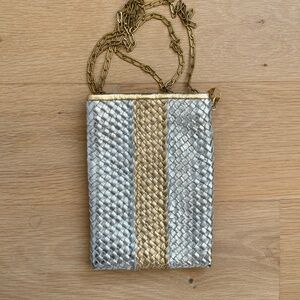 Clare V Poche Woven Wide Stripe Bag - Silver/Gold